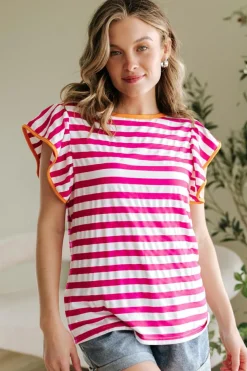 Outlet Dear-Lover Striped Ruffle Sleeve Crew Neck Blouse Rose Red
