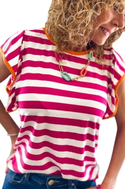 Outlet Dear-Lover Striped Ruffle Sleeve Crew Neck Blouse Rose Red