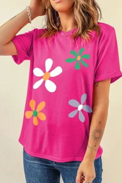 New Dear-Lover Summer Flower Print Fashion Cotton Tee Rose Red