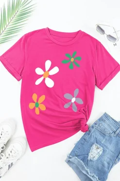New Dear-Lover Summer Flower Print Fashion Cotton Tee Rose Red