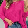 Discount Dear-Lover Textured Center Seam Long Sleeve Split Top Rose Red