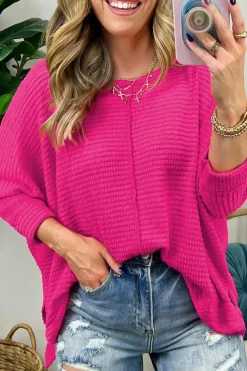 Discount Dear-Lover Textured Center Seam Long Sleeve Split Top Rose Red