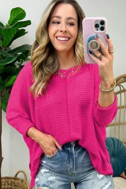 Discount Dear-Lover Textured Center Seam Long Sleeve Split Top Rose Red