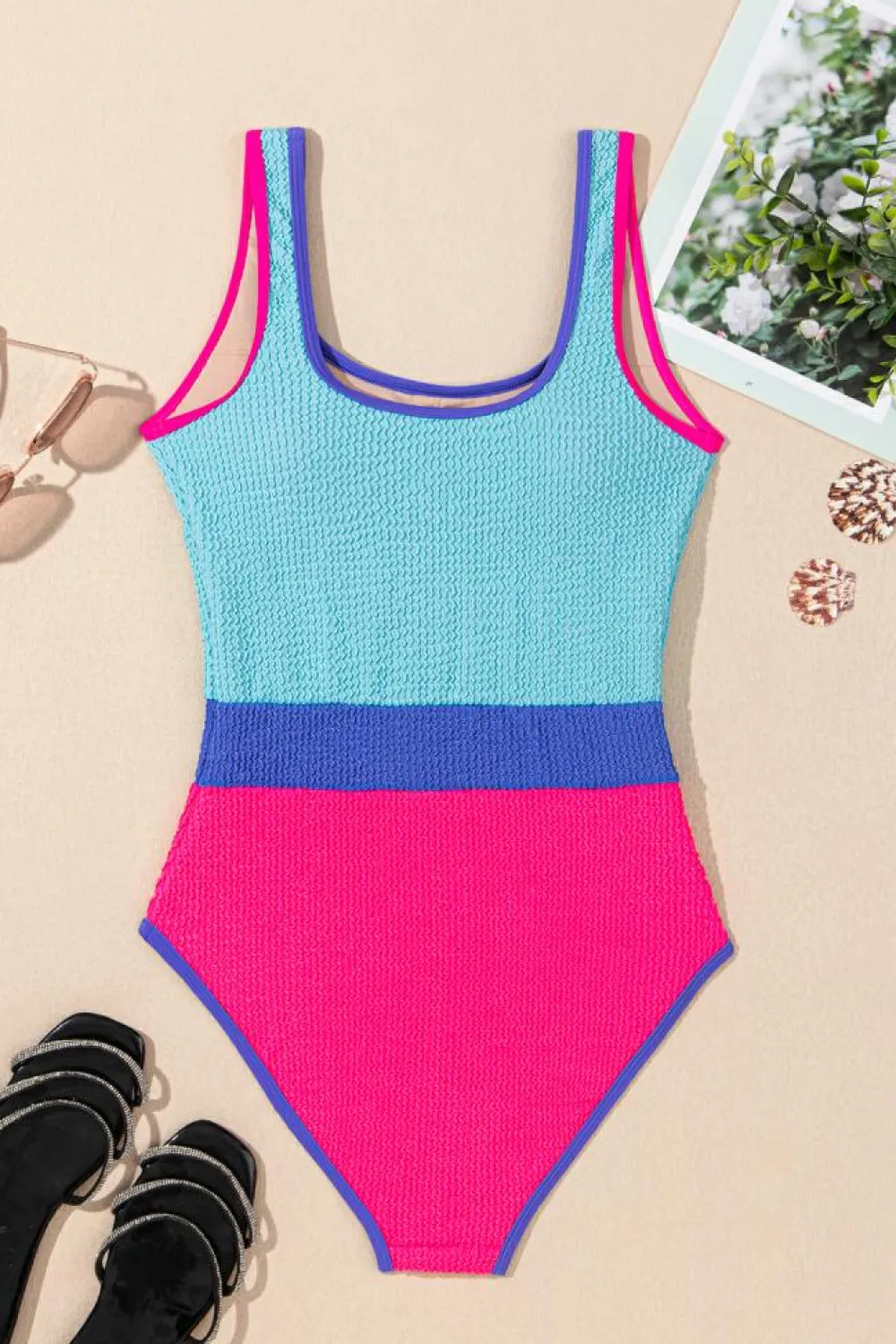 Discount Dear-Lover Textured Color Block Patchwork One Piece Swimsuit Rose Red