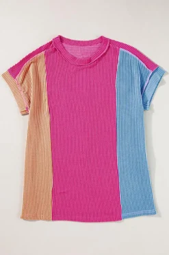 New Dear-Lover Textured Colorblock Crew Neck T Shirt Rose Red