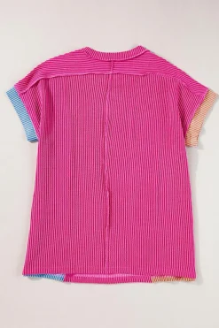 New Dear-Lover Textured Colorblock Crew Neck T Shirt Rose Red