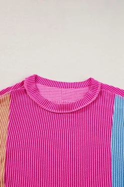 New Dear-Lover Textured Colorblock Crew Neck T Shirt Rose Red