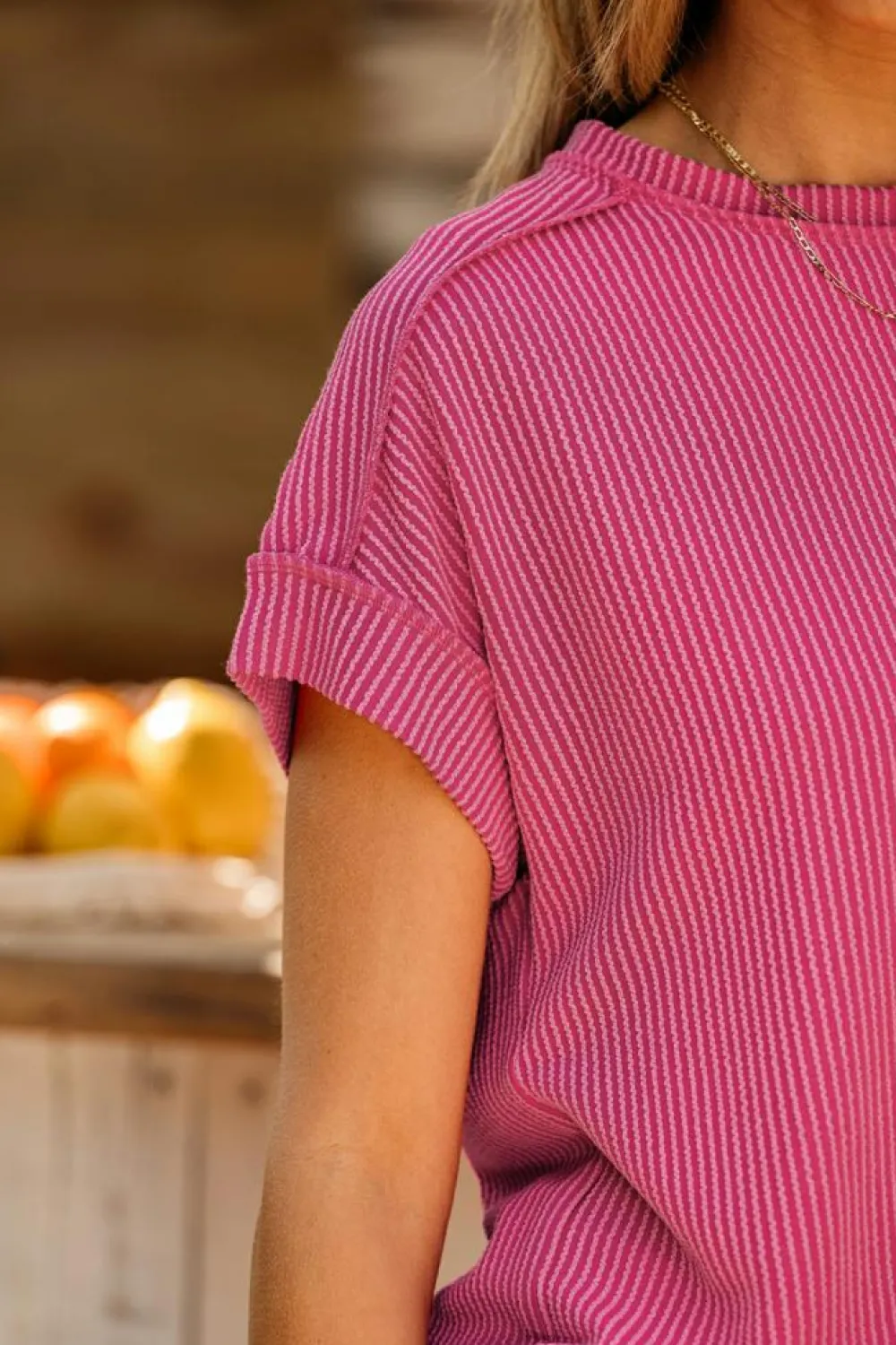 Online Dear-Lover Textured Knit Exposed Stitching T-shirt Rose Red