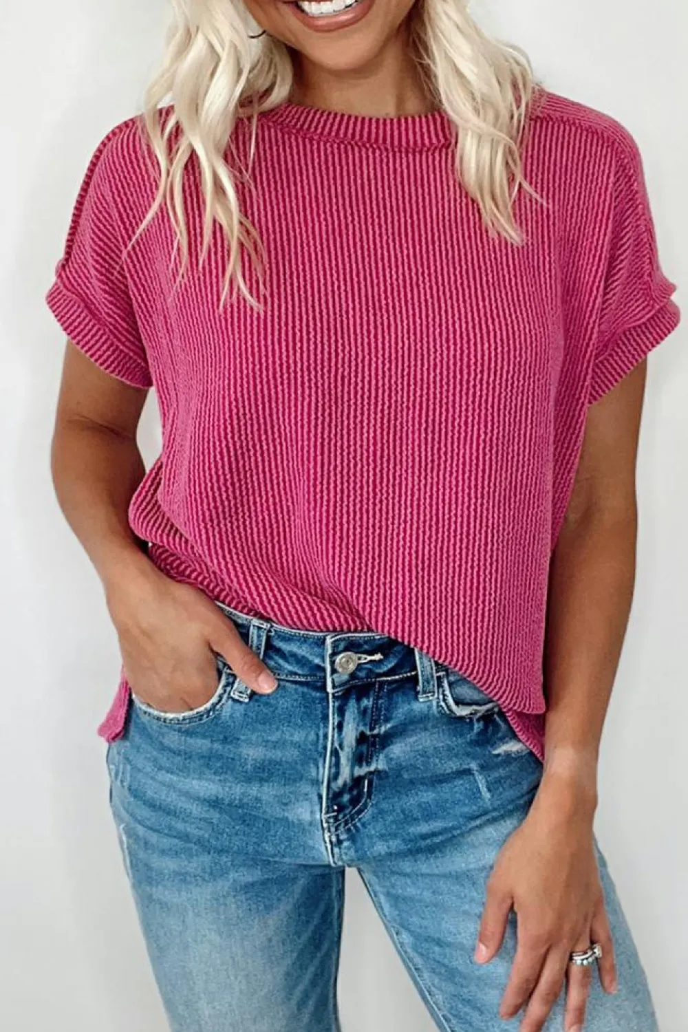 Online Dear-Lover Textured Knit Exposed Stitching T-shirt Rose Red
