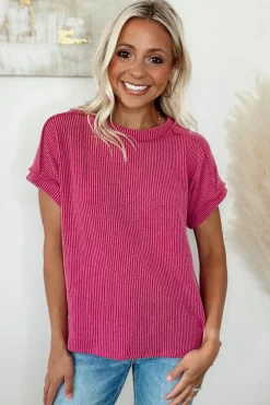 Online Dear-Lover Textured Knit Exposed Stitching T-shirt Rose Red