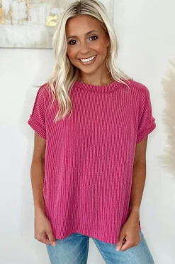 Online Dear-Lover Textured Knit Exposed Stitching T-shirt Rose Red