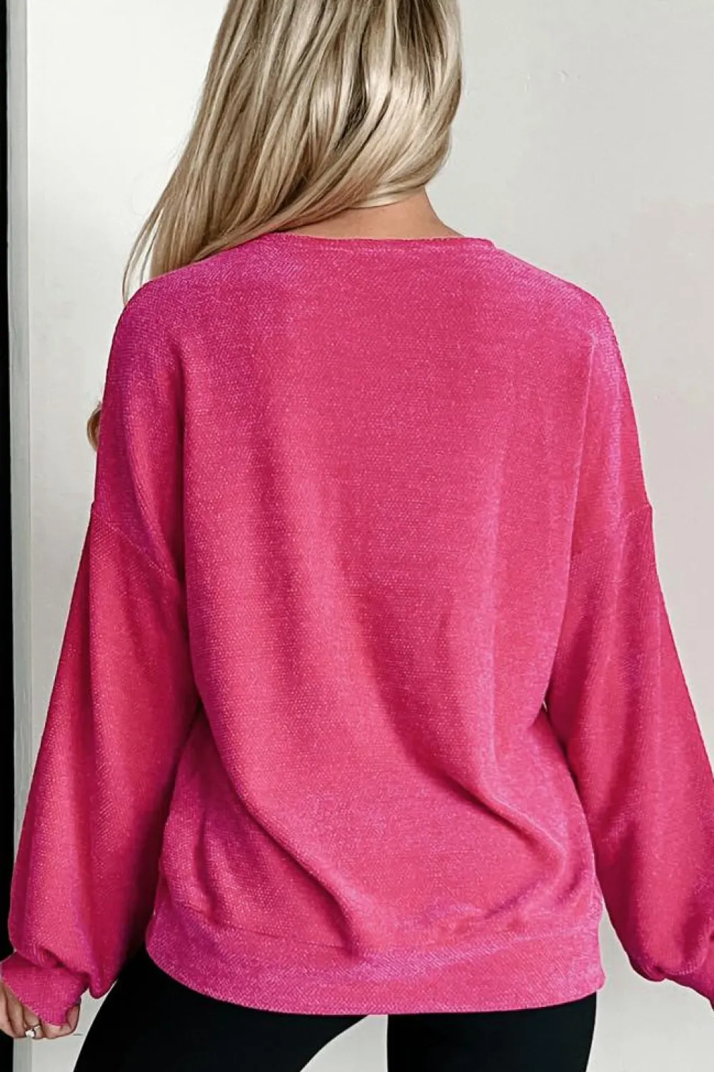 Clearance Dear-Lover Textured Long Sleeve V Neck Top Rose Red