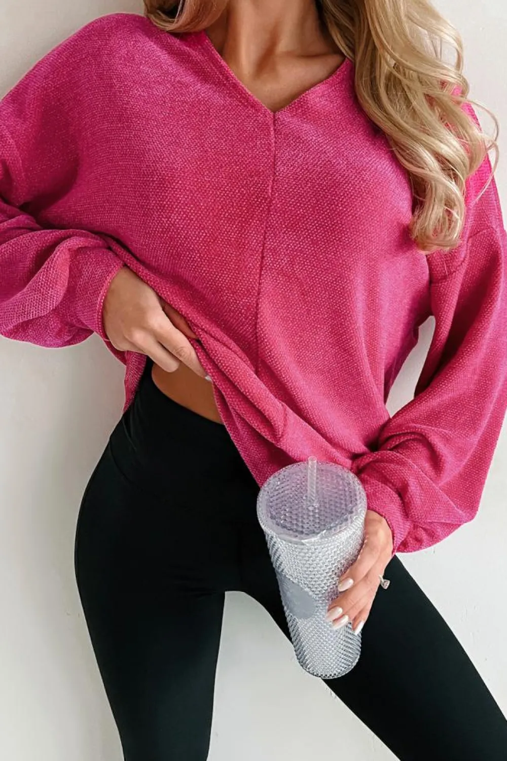 Clearance Dear-Lover Textured Long Sleeve V Neck Top Rose Red