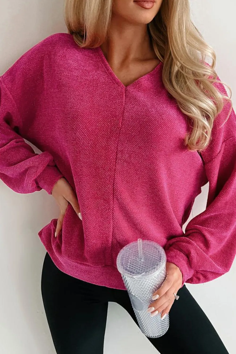 Clearance Dear-Lover Textured Long Sleeve V Neck Top Rose Red