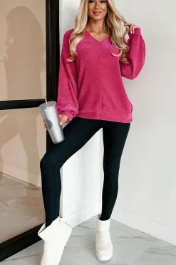 Clearance Dear-Lover Textured Long Sleeve V Neck Top Rose Red