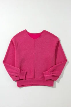 Clearance Dear-Lover Textured Long Sleeve V Neck Top Rose Red