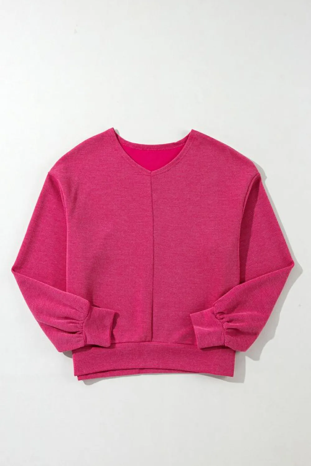 Clearance Dear-Lover Textured Long Sleeve V Neck Top Rose Red