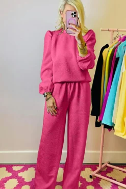 Best Dear-Lover Textured Puff Sleeve Top and Pants Set Rose Red