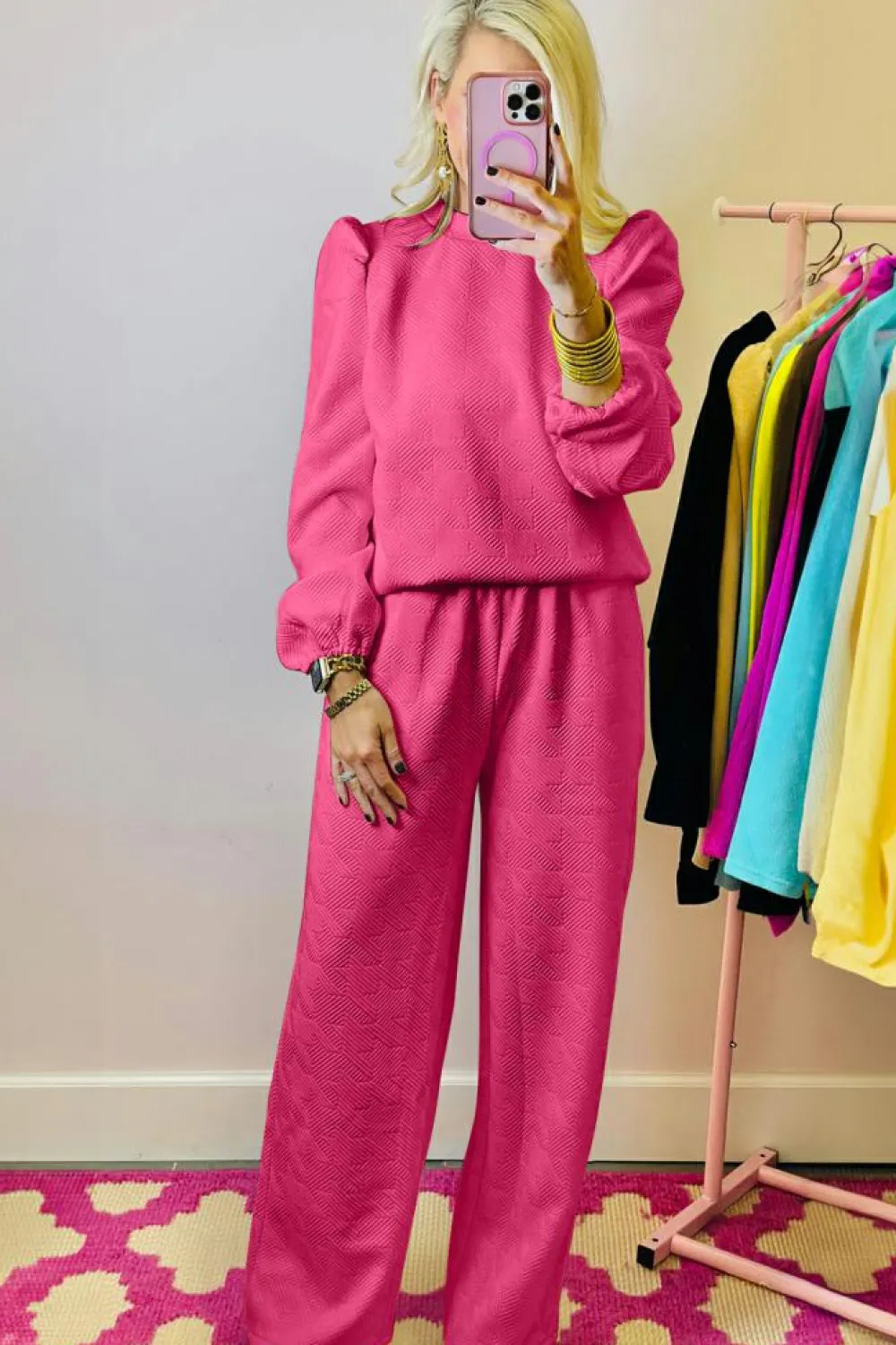 Best Dear-Lover Textured Puff Sleeve Top and Pants Set Rose Red