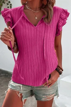 Online Dear-Lover Textured Ruffled Sleeve V Neck Top Rose Red