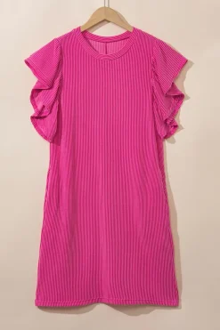 Sale Dear-Lover Textured Ruffled Flutter Sleeve Mini Dress Rose Red