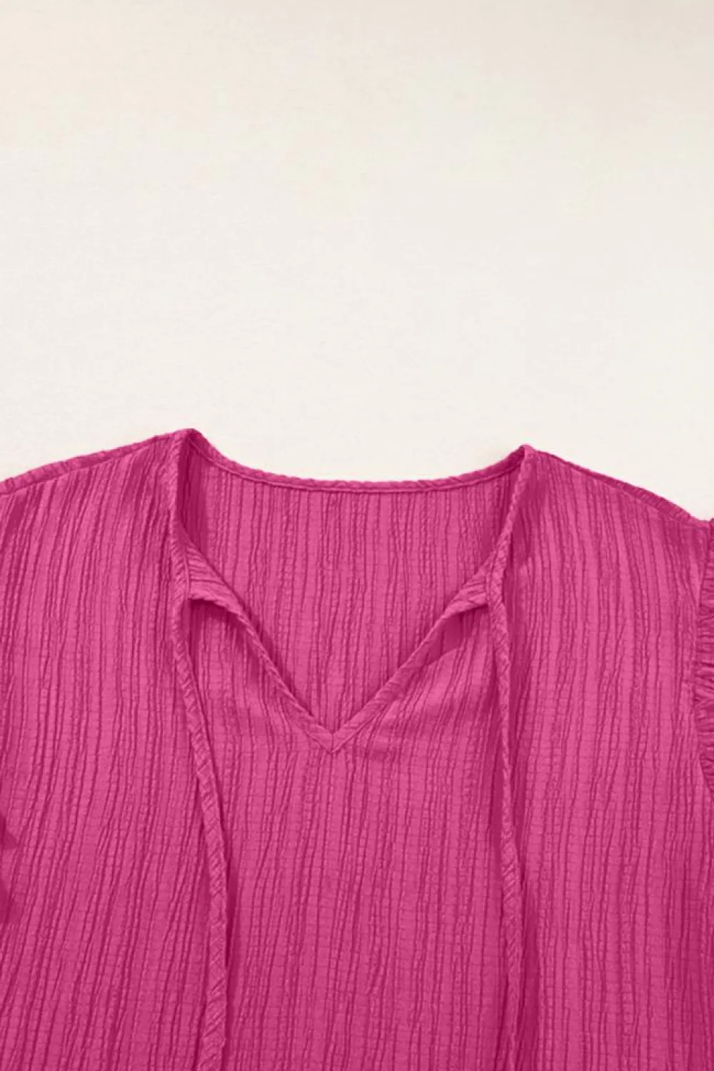 Online Dear-Lover Textured Ruffled Sleeve V Neck Top Rose Red