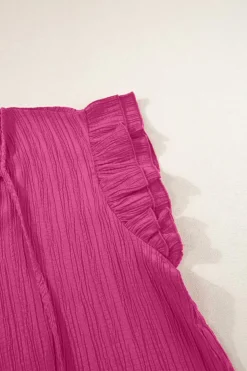 Online Dear-Lover Textured Ruffled Sleeve V Neck Top Rose Red