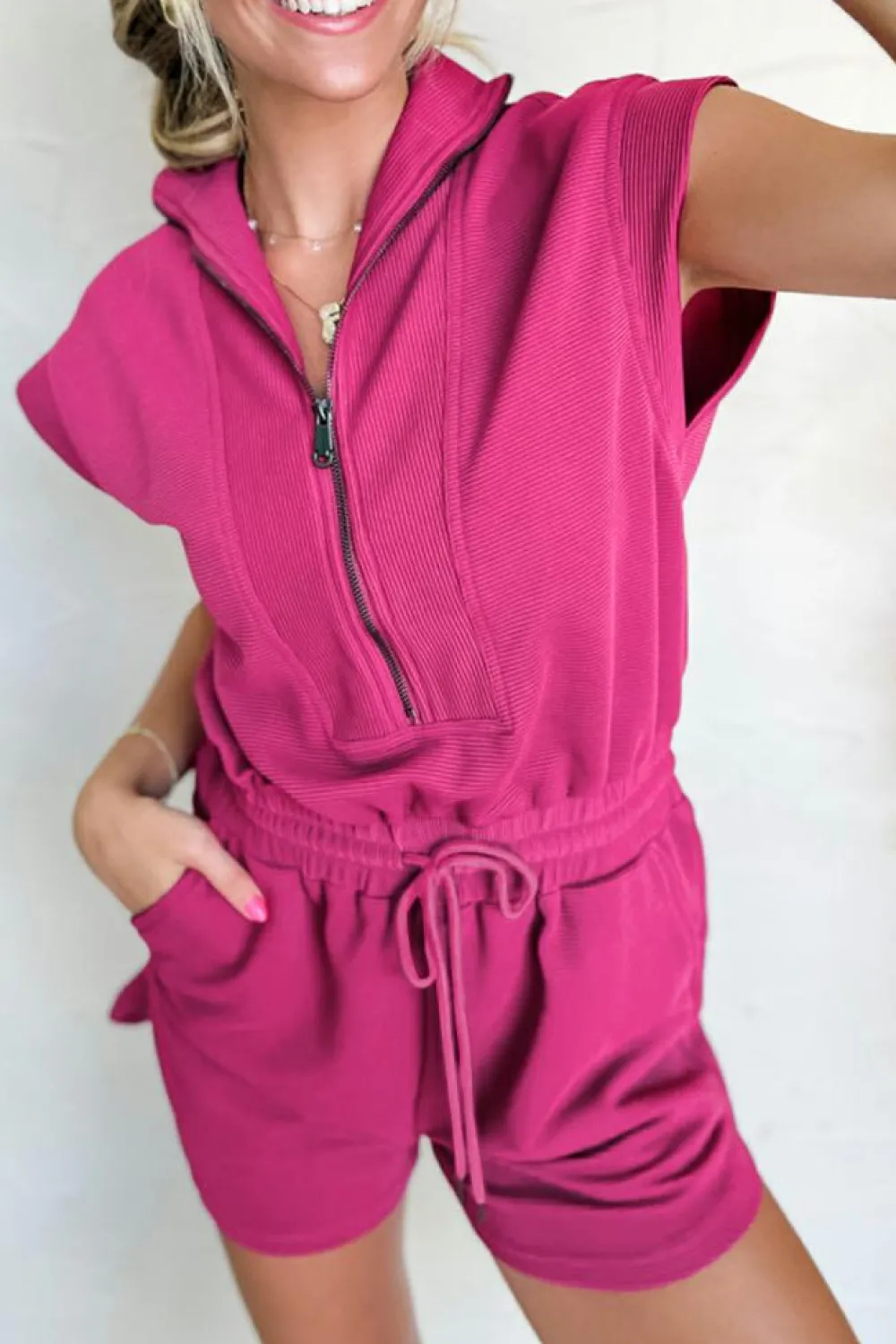 Hot Dear-Lover Textured Short Sleeve Half Zip Drawstring Waist Romper Rose Red