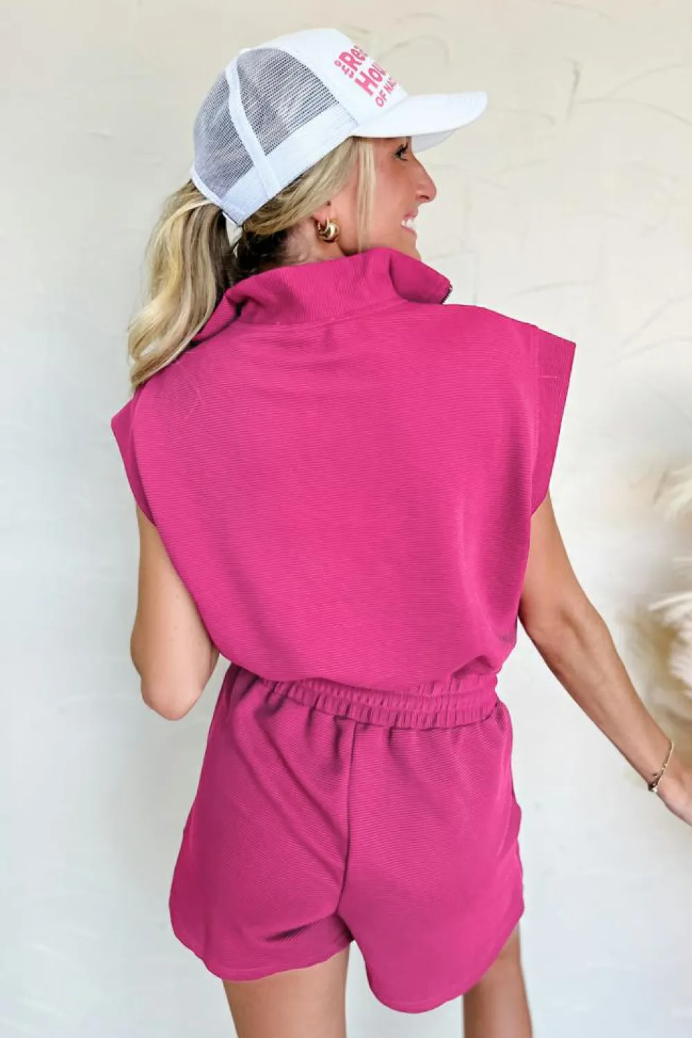 Hot Dear-Lover Textured Short Sleeve Half Zip Drawstring Waist Romper Rose Red