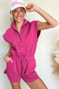 Hot Dear-Lover Textured Short Sleeve Half Zip Drawstring Waist Romper Rose Red
