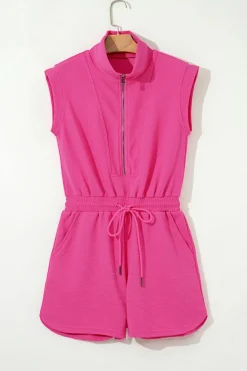 Hot Dear-Lover Textured Short Sleeve Half Zip Drawstring Waist Romper Rose Red