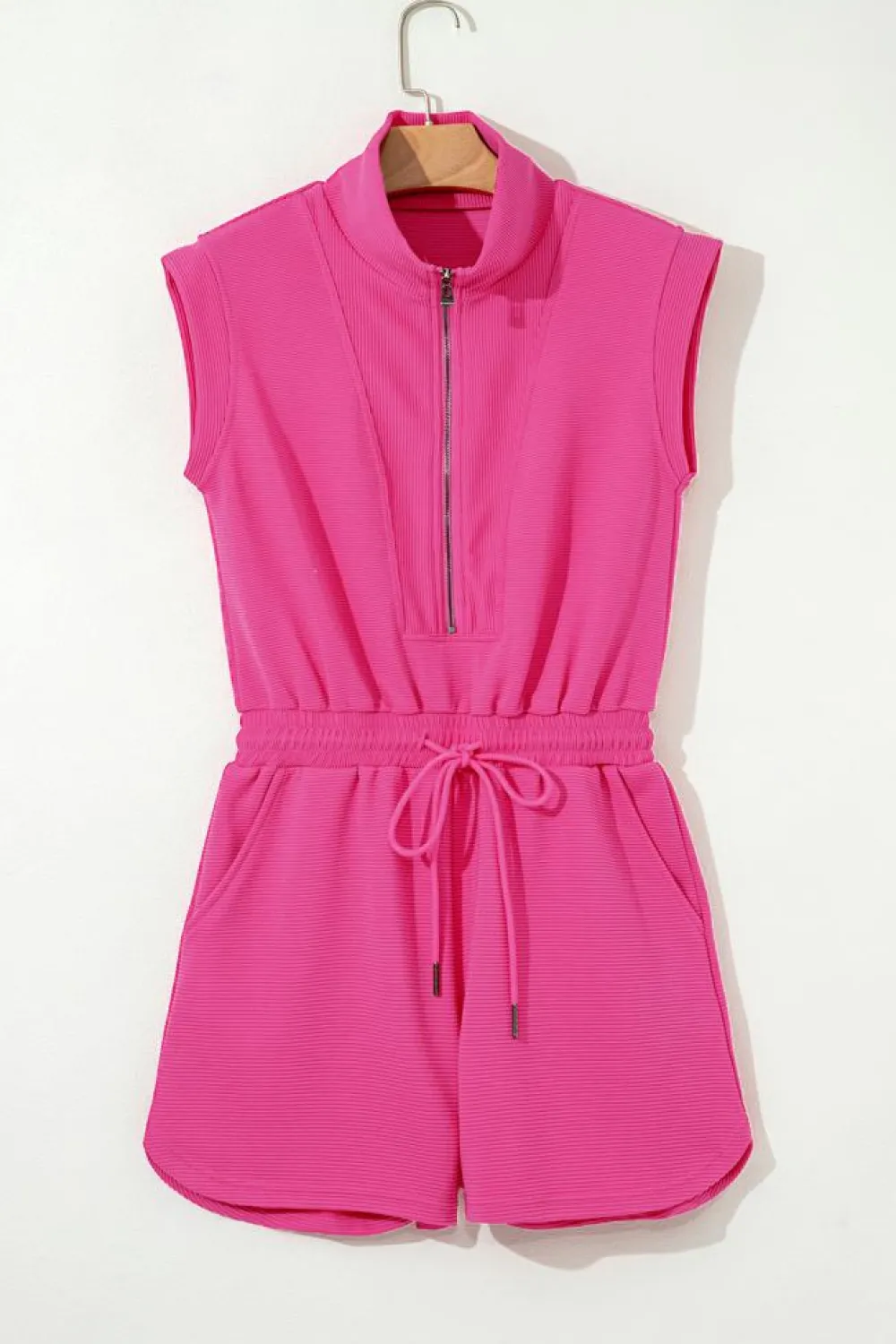 Hot Dear-Lover Textured Short Sleeve Half Zip Drawstring Waist Romper Rose Red