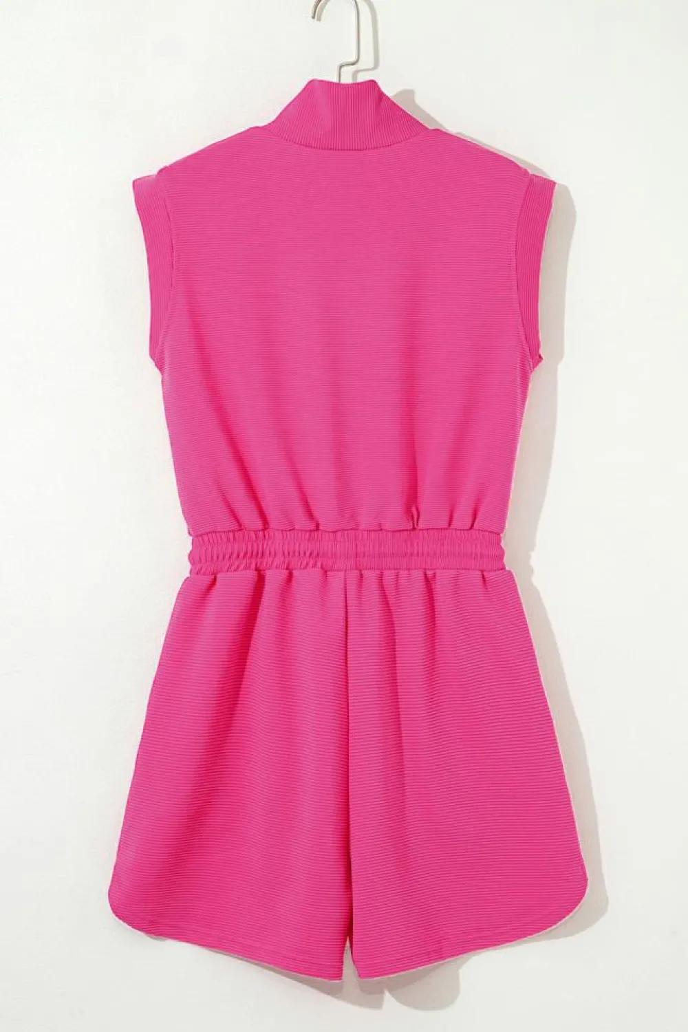 Hot Dear-Lover Textured Short Sleeve Half Zip Drawstring Waist Romper Rose Red