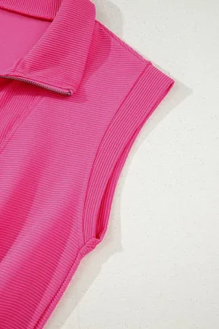 Hot Dear-Lover Textured Short Sleeve Half Zip Drawstring Waist Romper Rose Red