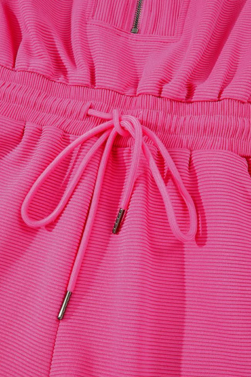Hot Dear-Lover Textured Short Sleeve Half Zip Drawstring Waist Romper Rose Red