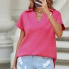 New Dear-Lover Textured V Neck Collared Short Sleeve Top Rose Red