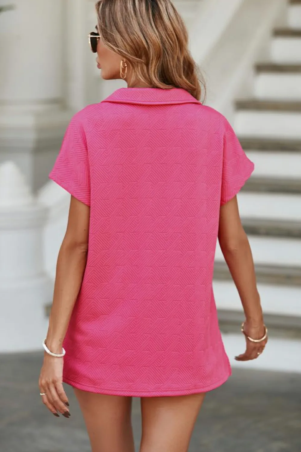 New Dear-Lover Textured V Neck Collared Short Sleeve Top Rose Red