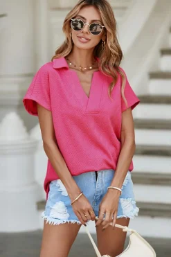 New Dear-Lover Textured V Neck Collared Short Sleeve Top Rose Red