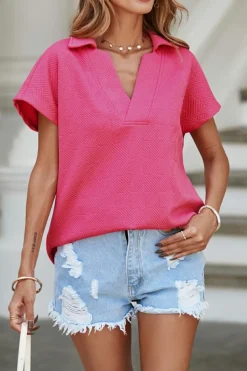 New Dear-Lover Textured V Neck Collared Short Sleeve Top Rose Red