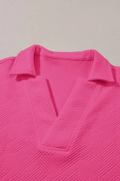 New Dear-Lover Textured V Neck Collared Short Sleeve Top Rose Red
