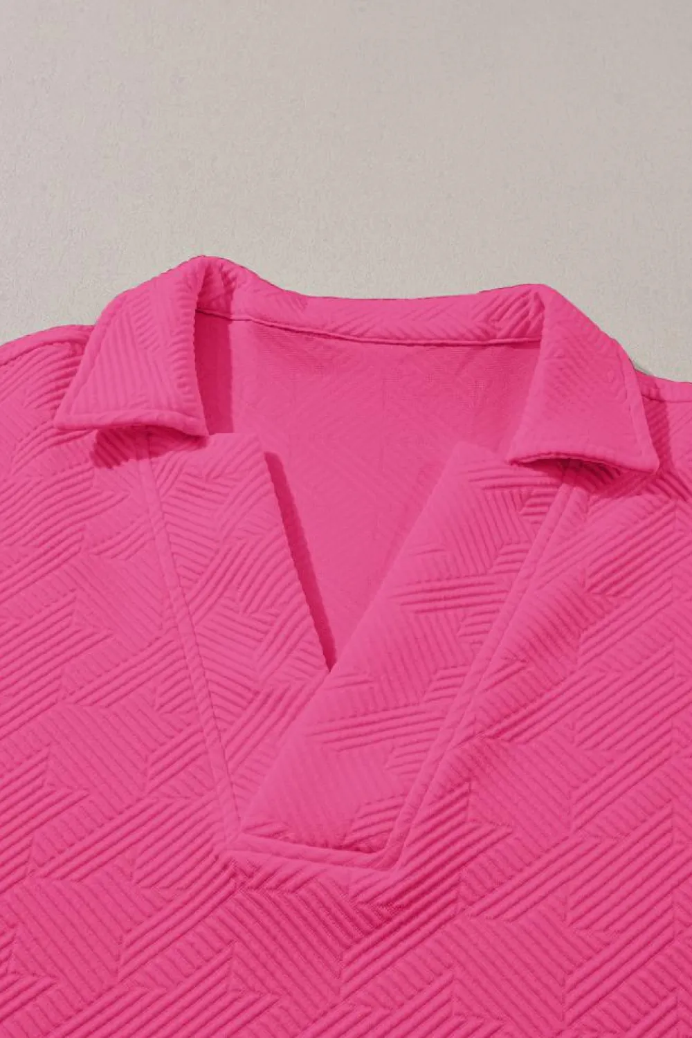 New Dear-Lover Textured V Neck Collared Short Sleeve Top Rose Red