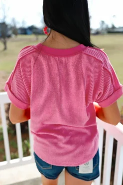 Fashion Dear-Lover Twisted Ribbed Knit V Neck Casual Tee Rose Red