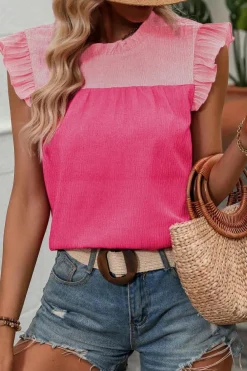 Discount Dear-Lover Two Tone Ruffled Flutter Sleeve Blouse Rose Red