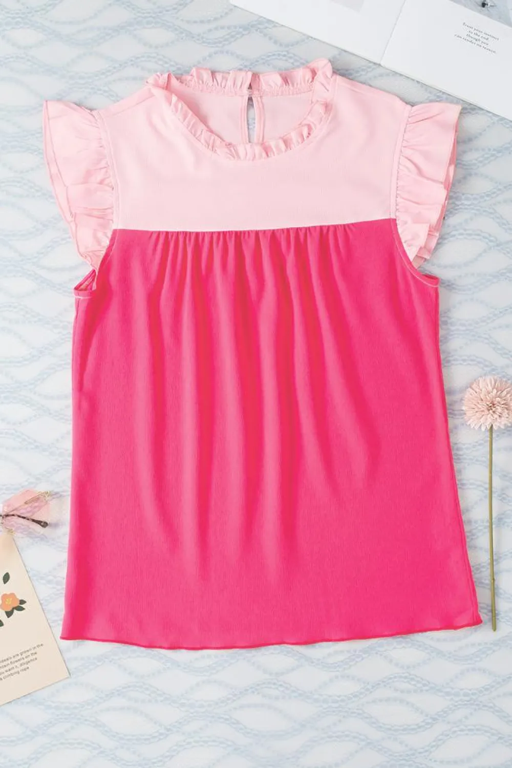 Discount Dear-Lover Two Tone Ruffled Flutter Sleeve Blouse Rose Red