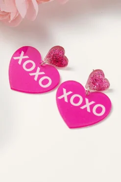 Online Dear-Lover Valentine XOXO Print Double Heart Shape Earrings Rose Red