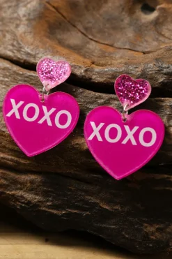 Online Dear-Lover Valentine XOXO Print Double Heart Shape Earrings Rose Red