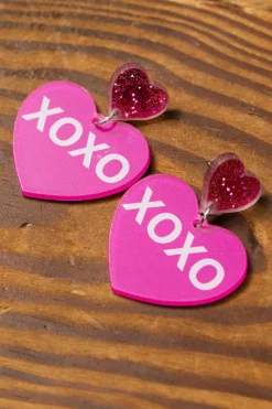 Online Dear-Lover Valentine XOXO Print Double Heart Shape Earrings Rose Red