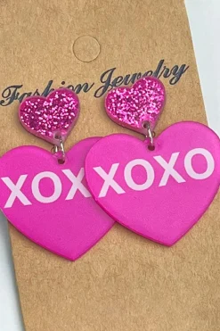 Online Dear-Lover Valentine XOXO Print Double Heart Shape Earrings Rose Red