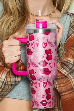 Clearance Dear-Lover Valentines Hearts and Kisses Print Thermos Cup 40oz Rose Red