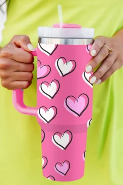 Hot Dear-Lover Valentines Heart Printed Thermos Cup with Handle 40oz Rose Red